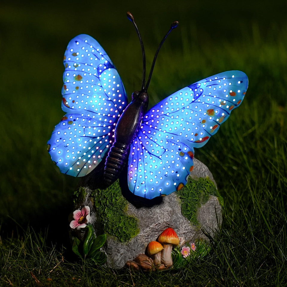 WSgift solar butterfly garden statue blue lights at night for welcoming ambiance