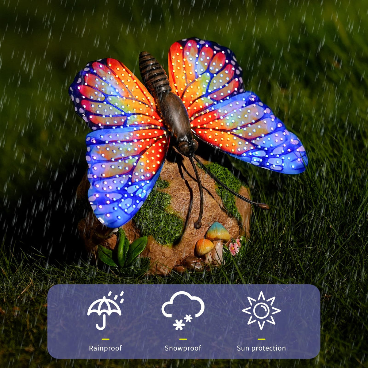 Hand-painted butterfly statue highlighting transformation symbolism in the garden.