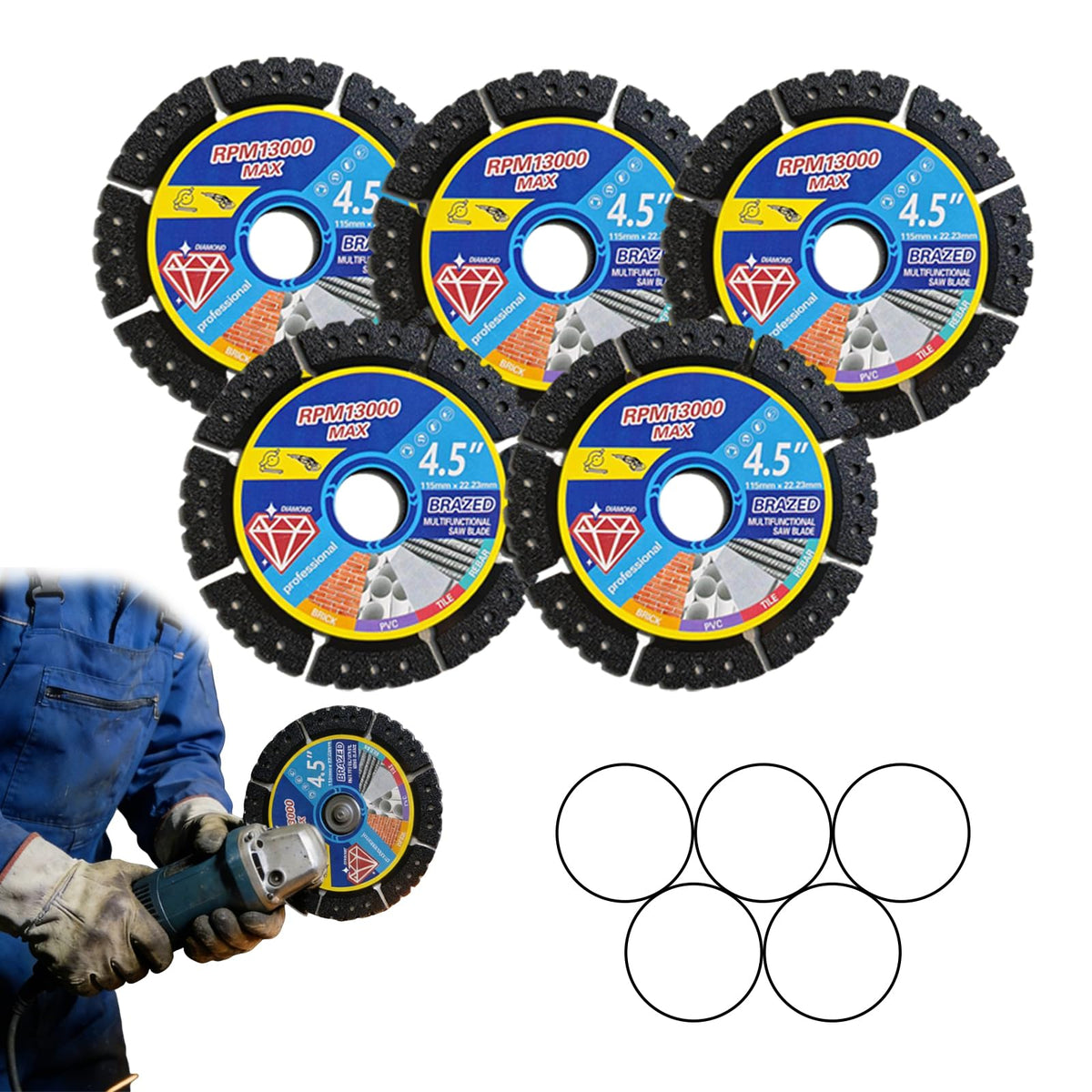 Wshxjzyay diamond blade pack 4.5-inch shown for versatile angle grinder use.