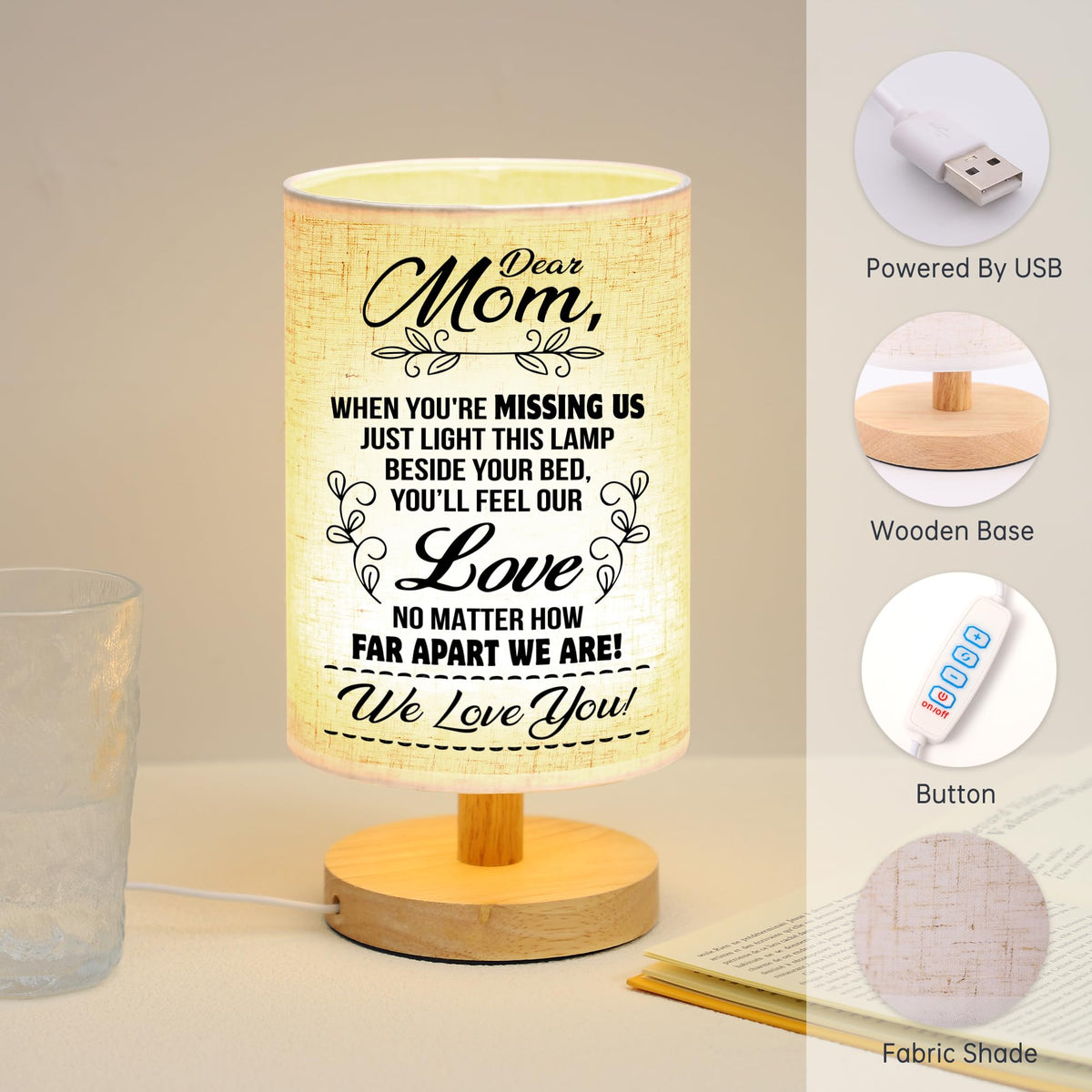 WSYEAR lampshade with Dear Mom message reinforces sentimental connections.