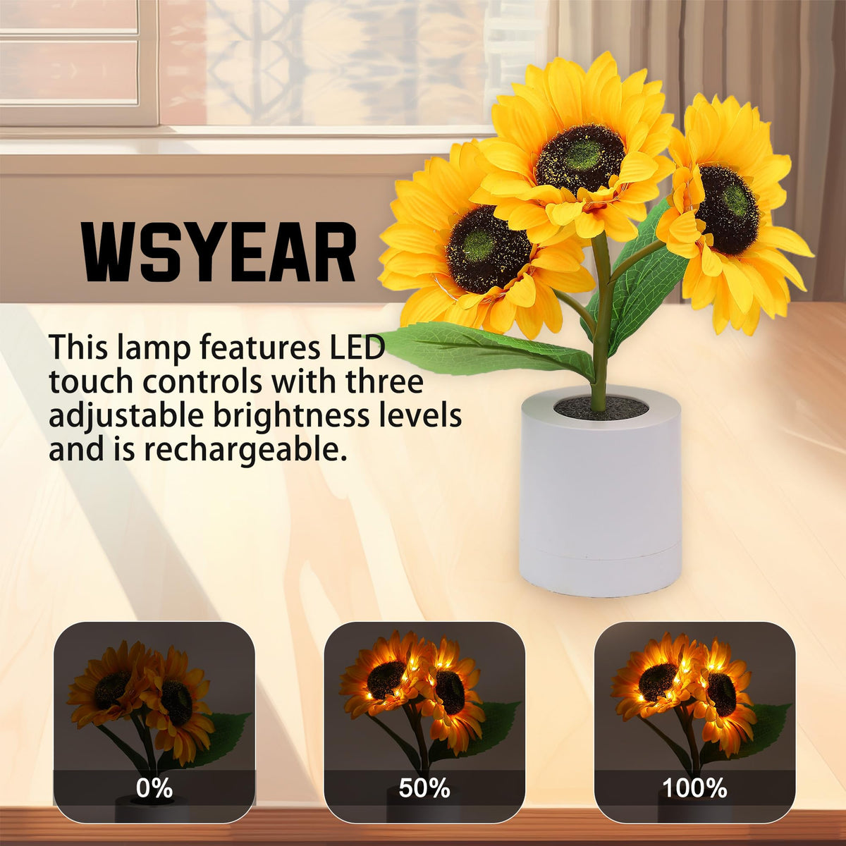 WSYEAR sunflower lamp offers three dimmable levels for any mood.