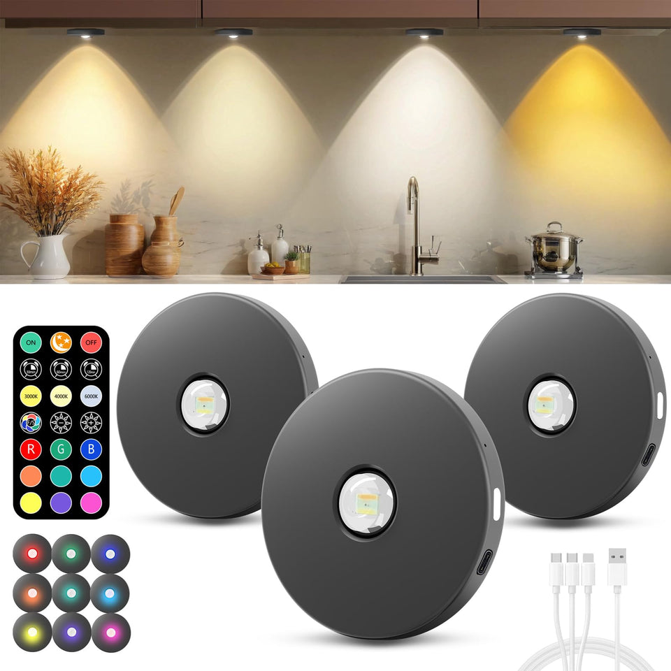 WTXPZM puck light with remote control for effortless cabinet illumination.