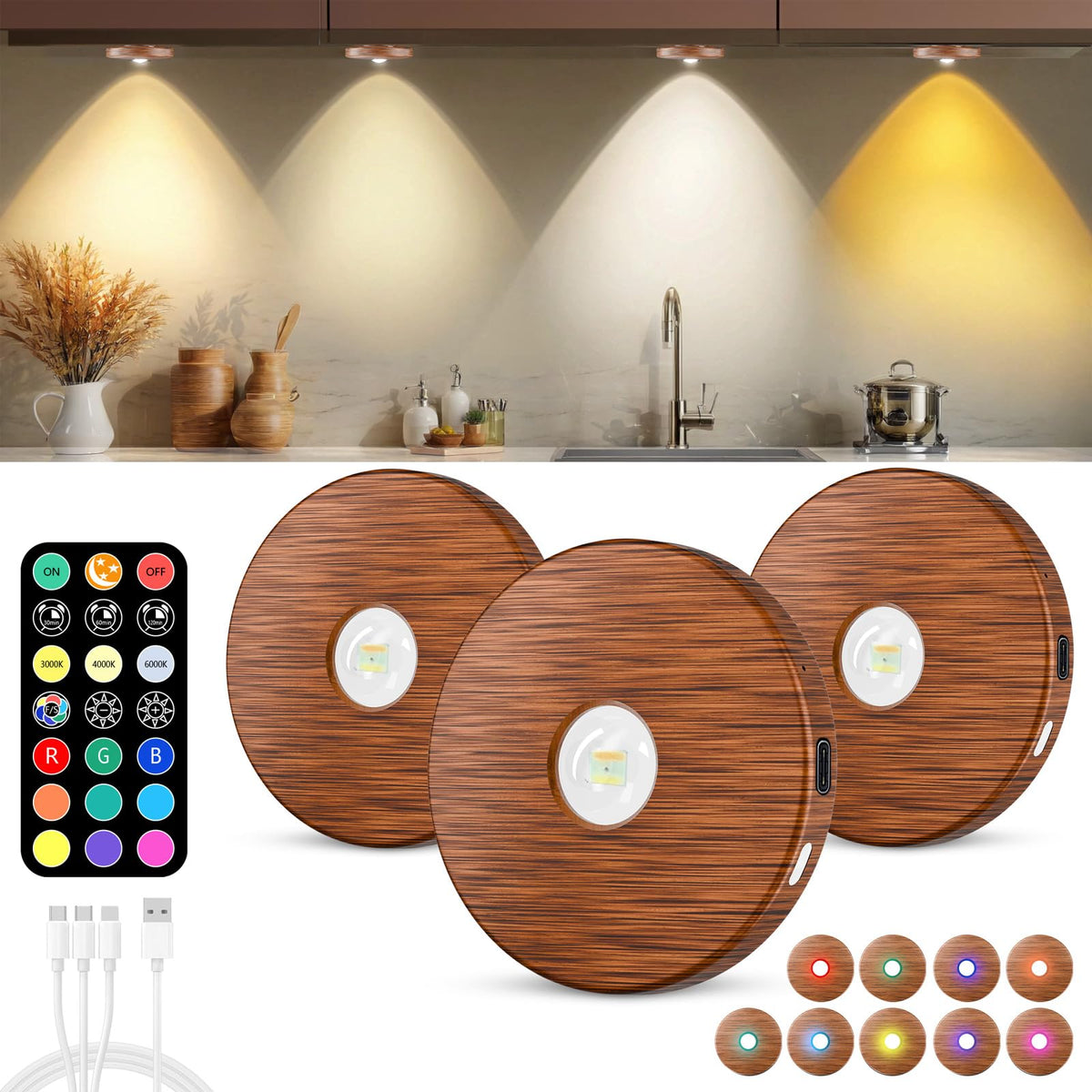 WTXPZM puck lights with remote control illuminate cabinets with convenient color options.