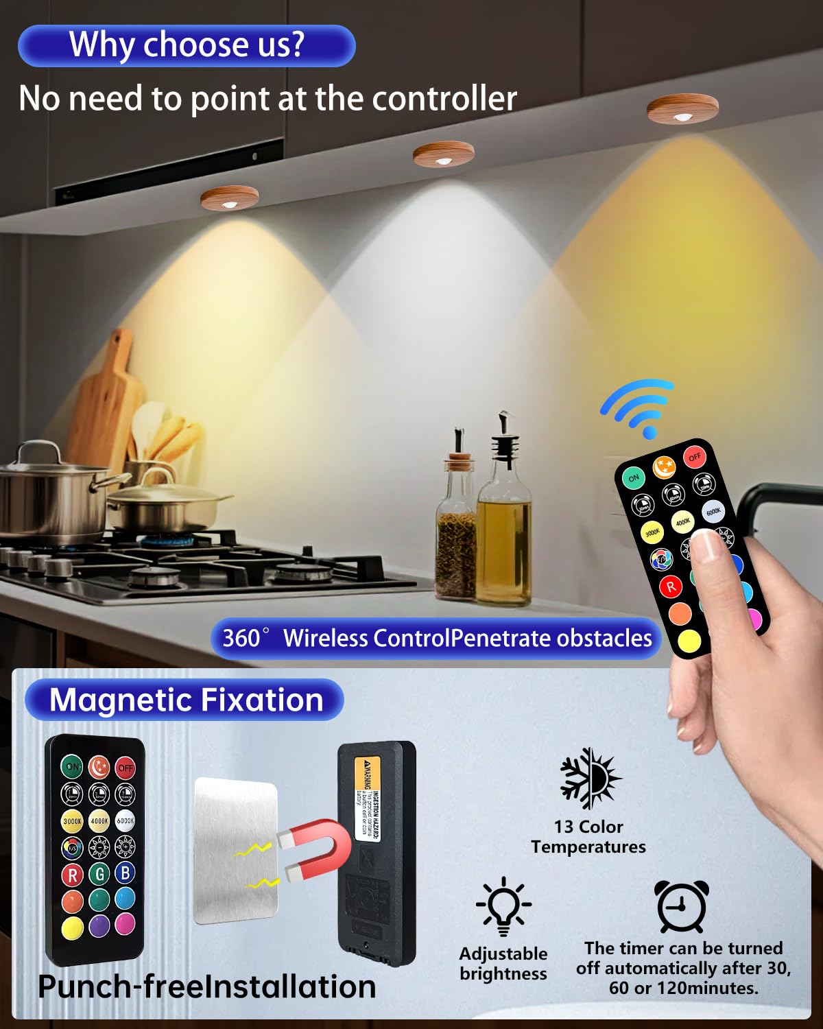 WTXPZM puck lights offer RGB color modes for ambient accents.