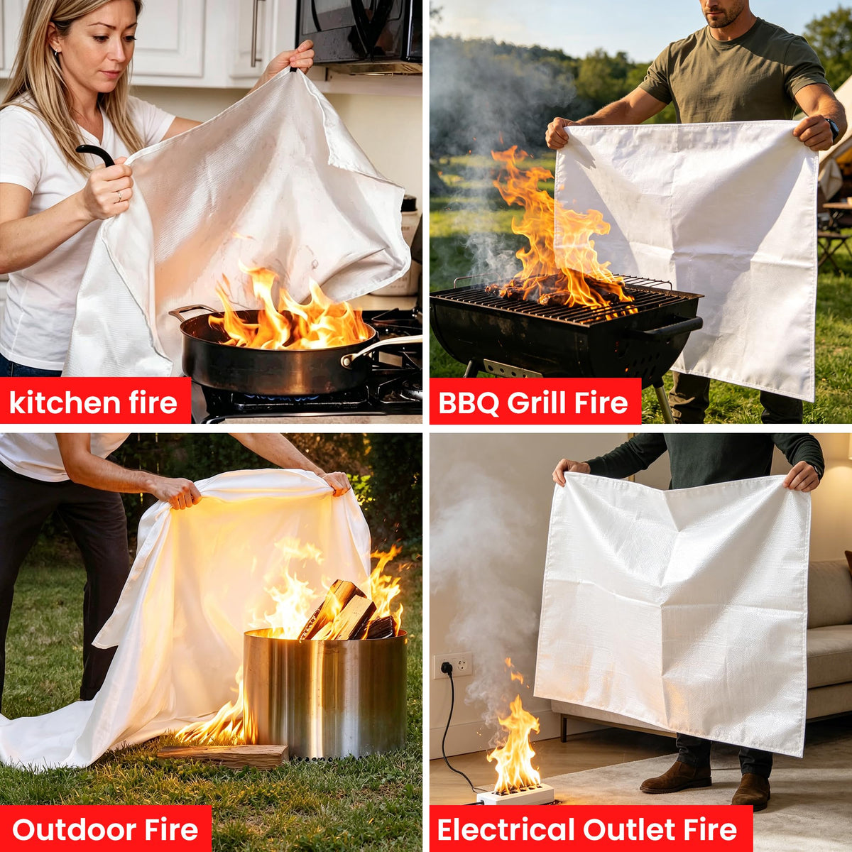 WUERLI fire blanket ready to drape over a grill for smothering flames.