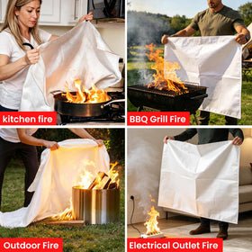 WUERLI fire blanket ready to drape over a grill for smothering flames.