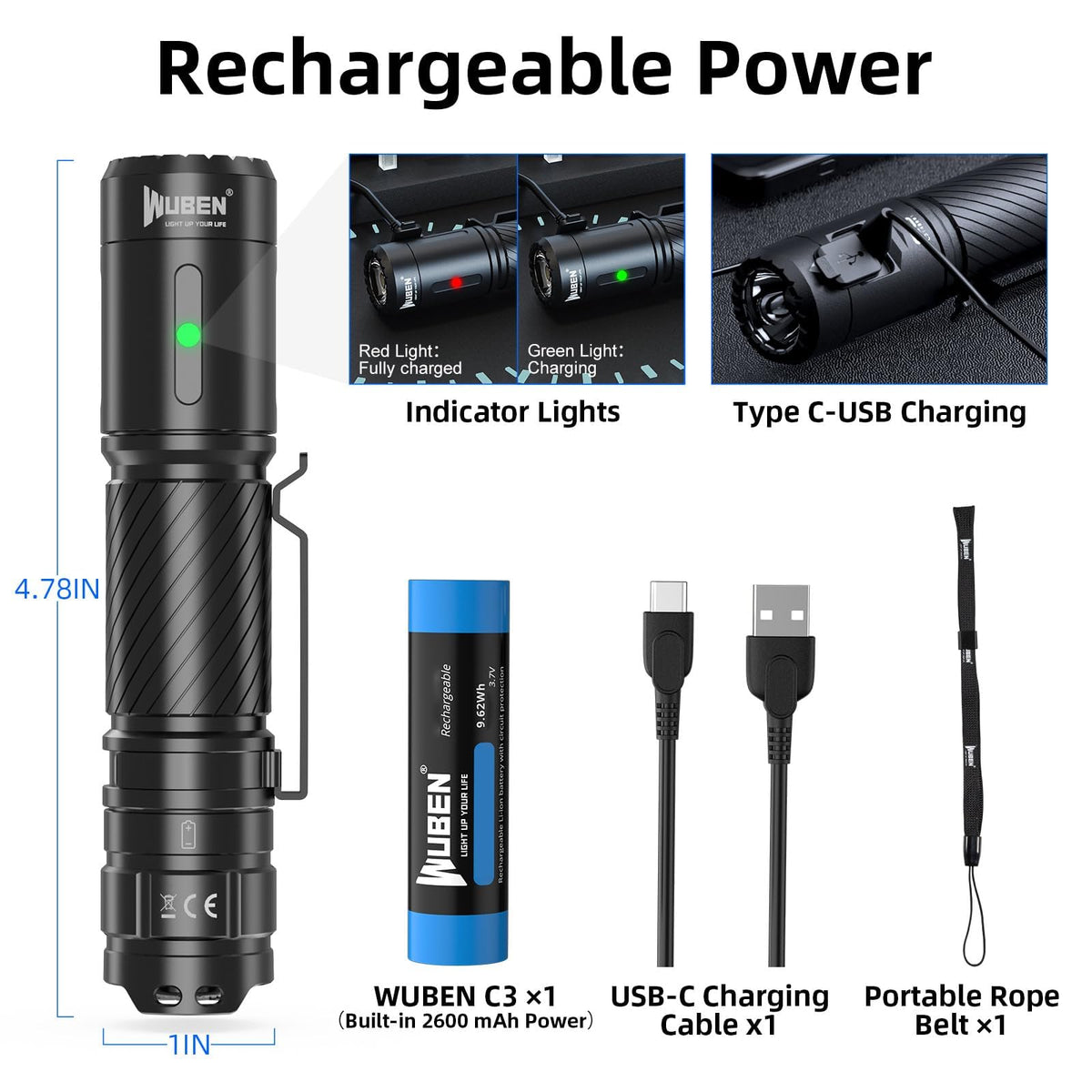 WUBEN C3 kit includes cable, lanyard, and spare O-ring for convenience