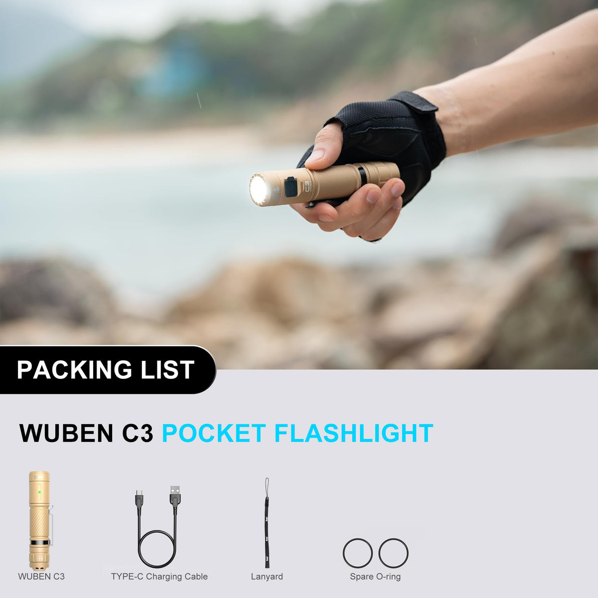 WUBEN C3 pocket clip and lanyard for secure carry.