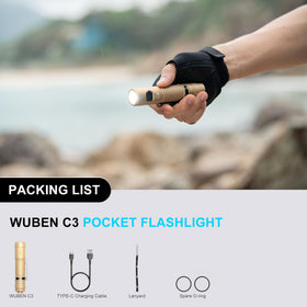 WUBEN C3 pocket clip and lanyard for secure carry.