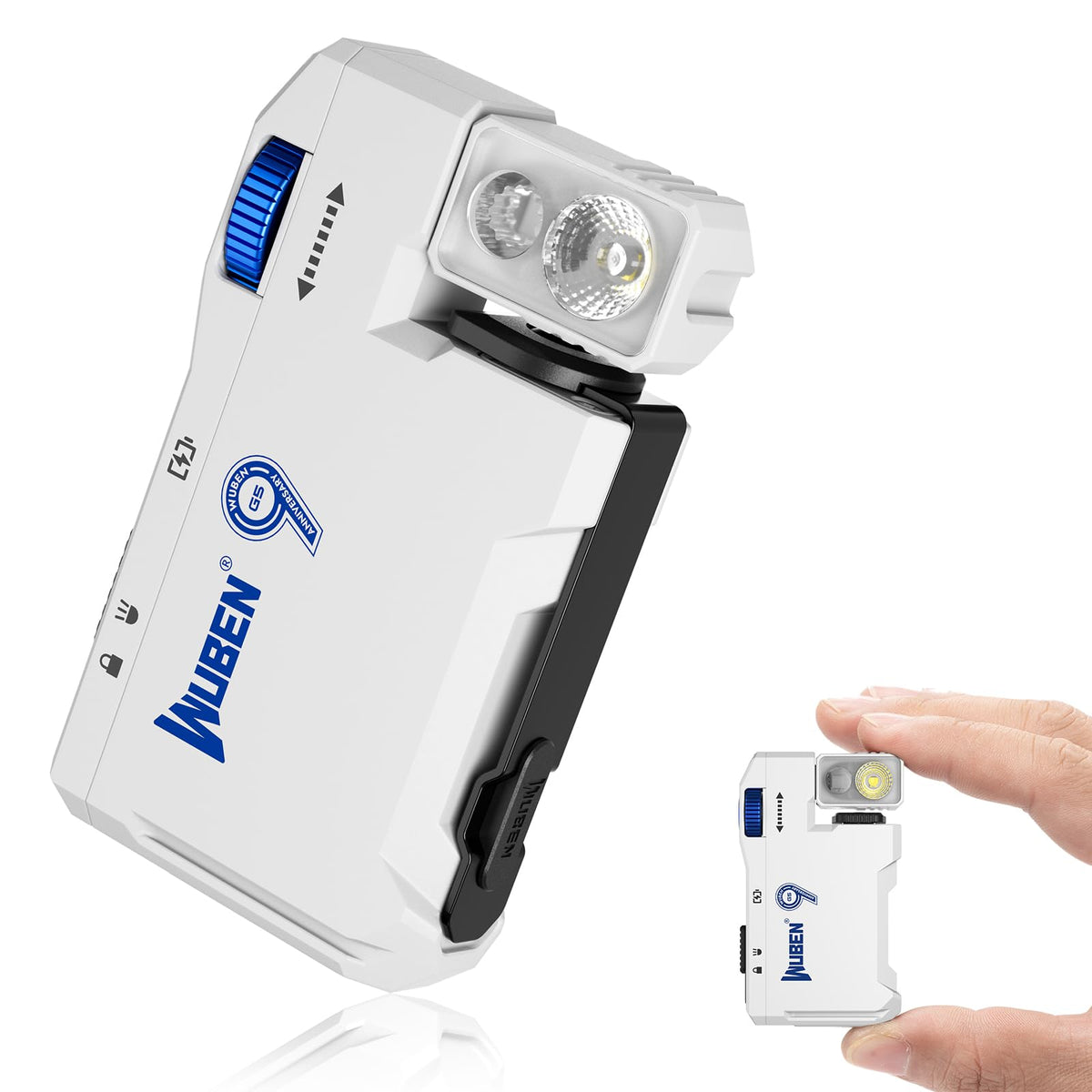 WUBEN G5 compact flashlight shown in a pocket-ready pose for everyday carry.