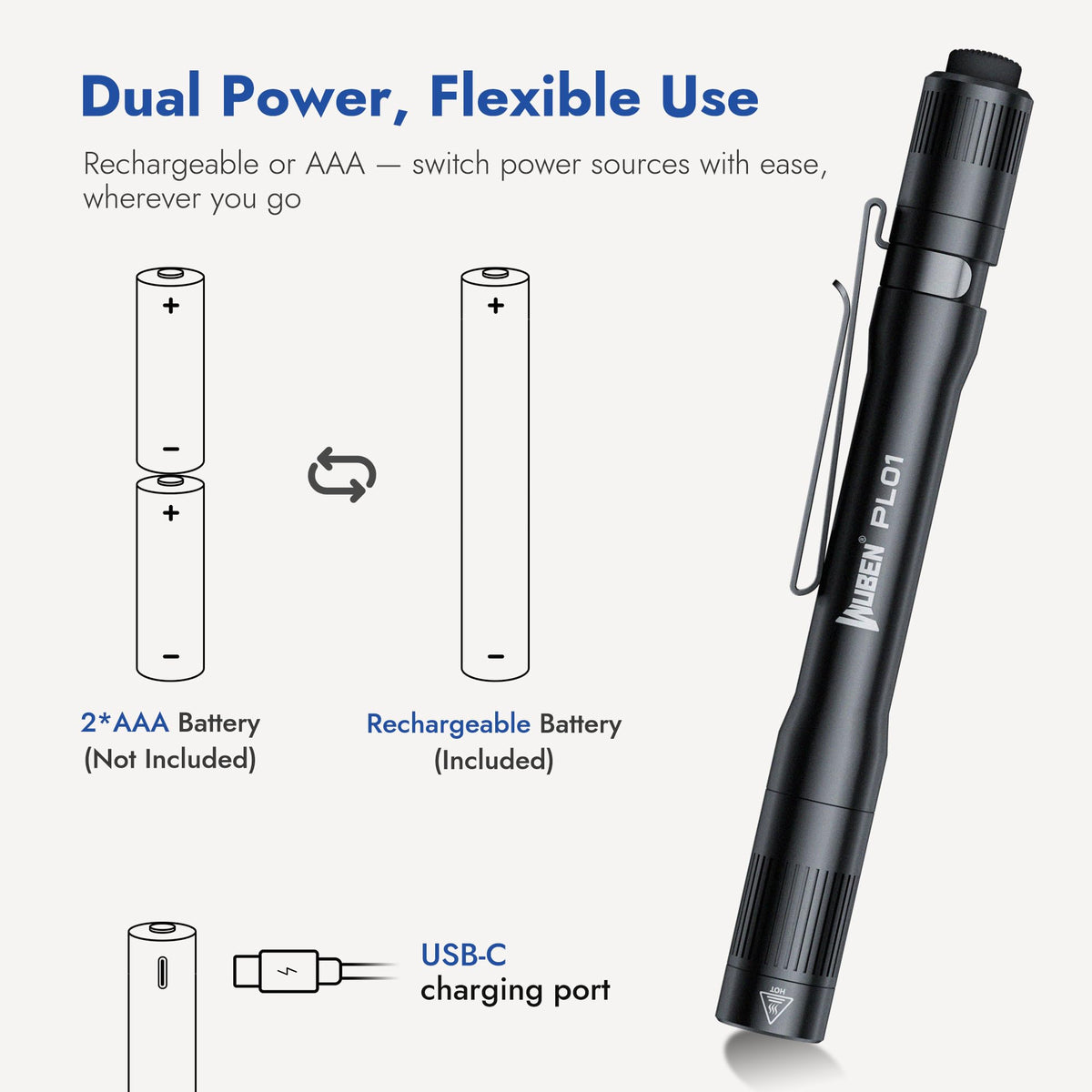WUBEN PL01 pen light side clip enables secure pocket or hat attachment.