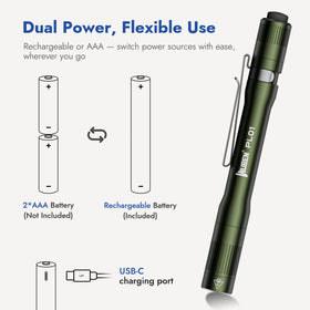 WUBEN PL01 USB-C charging with AAA backups for travel resilience.