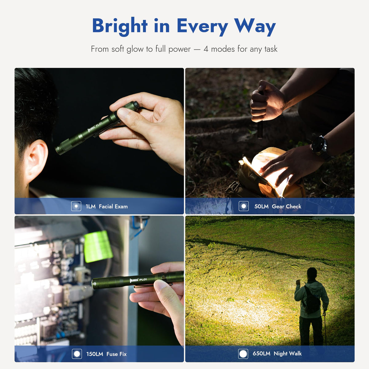 WUBEN PL01 two-way clip enables hands-free use on hats or gear.