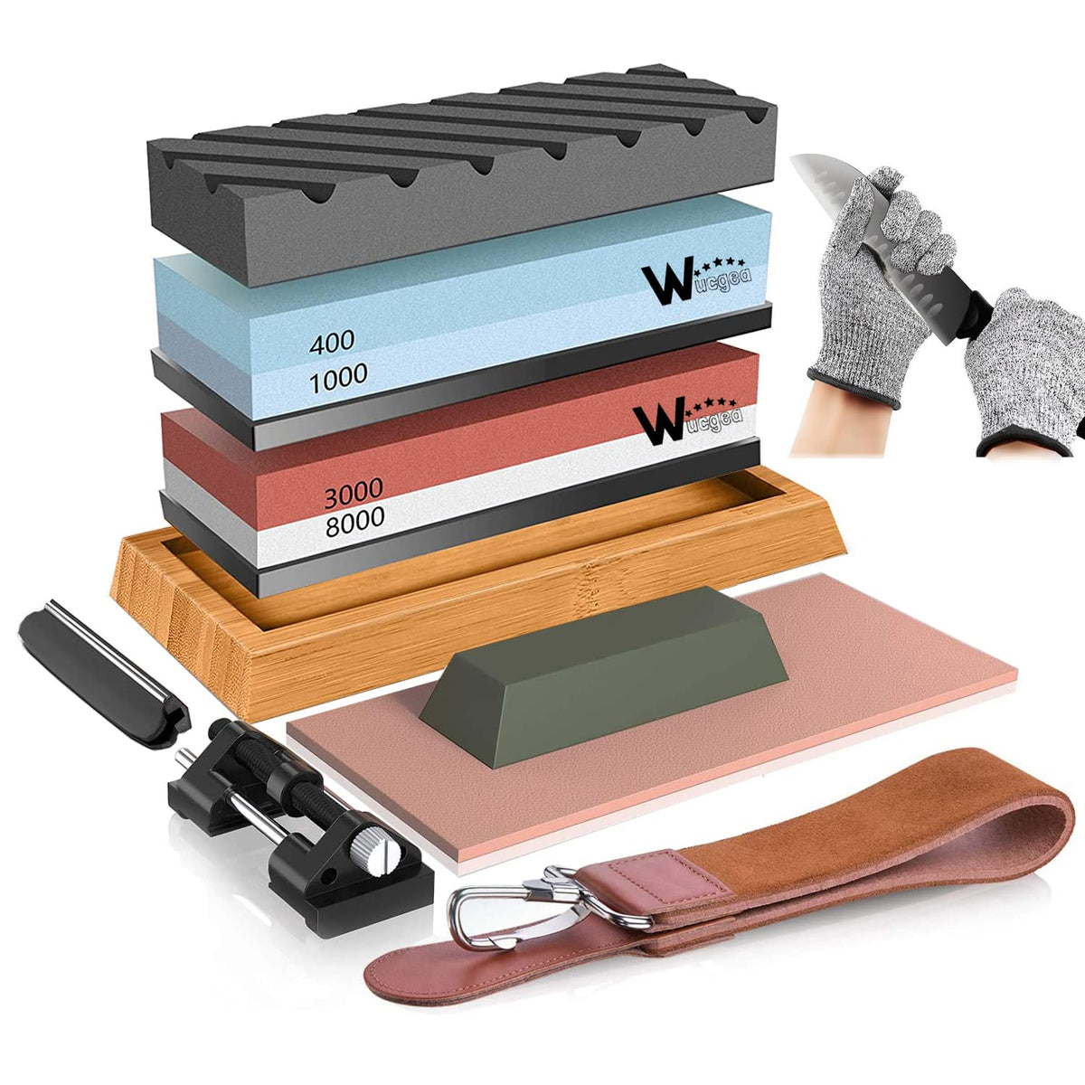 Wucgea knife sharpening base with bamboo surface for stable sharpening.