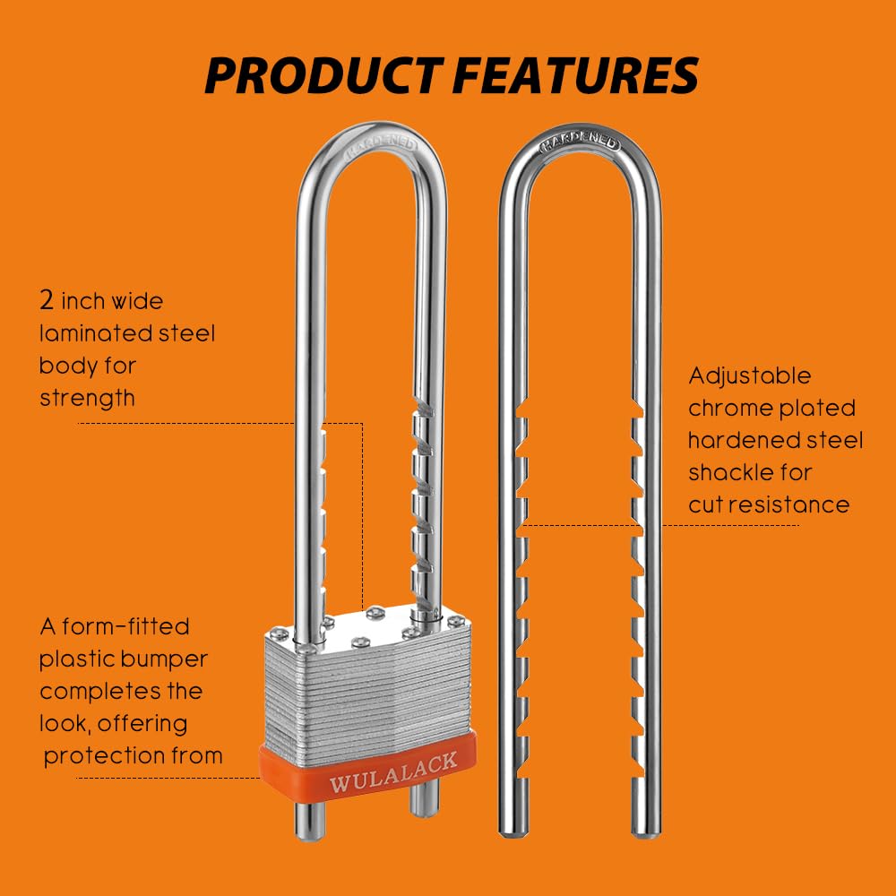 WULALACK padlock adjustable shackle extended in-use for flexible fitting