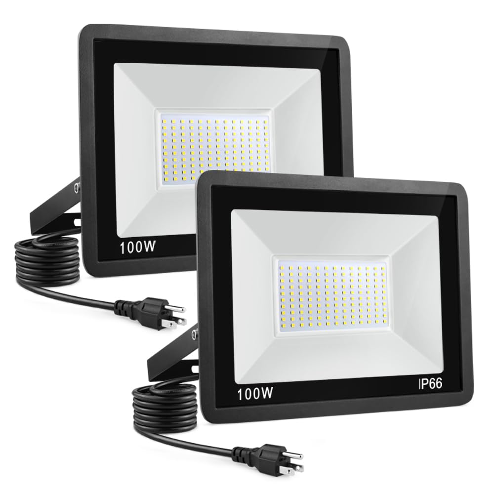 WuliFun 100W LED flood light illuminating the front yard with daylight-like brightness.