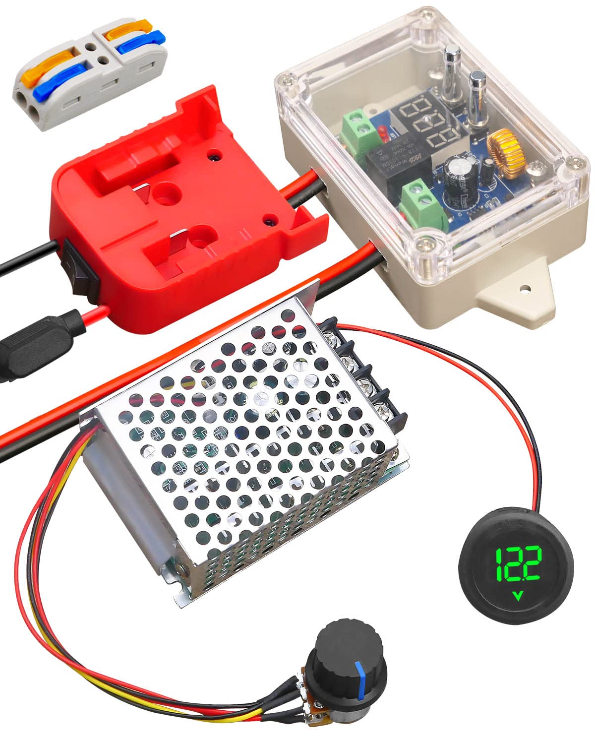 WUMZIJ power wheel adapter connected to Milwaukee M18 battery for DIY robotics compatibility.
