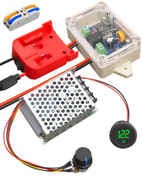 WUMZIJ power wheel adapter connected to Milwaukee M18 battery for DIY robotics compatibility.