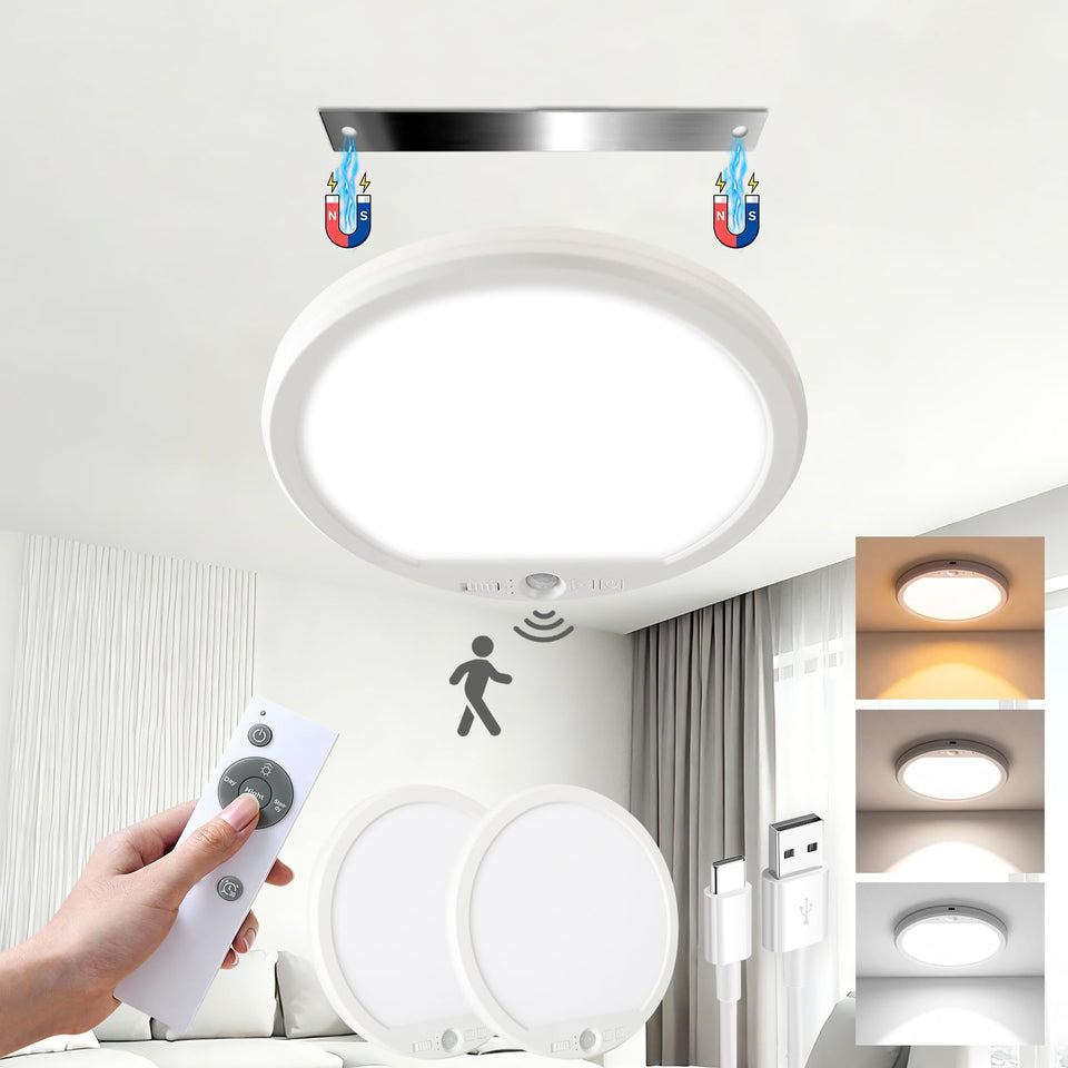 Wuraire motion-sensor ceiling light with remote offers easy cordless installation via magnetic mount for closets and hallways.