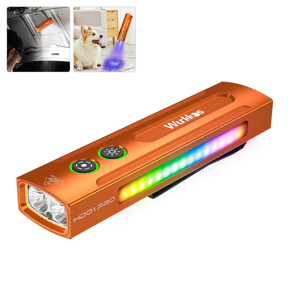 Wurkkos HD01PRO UV flashlight front view in orange for portable illumination and stain detection.