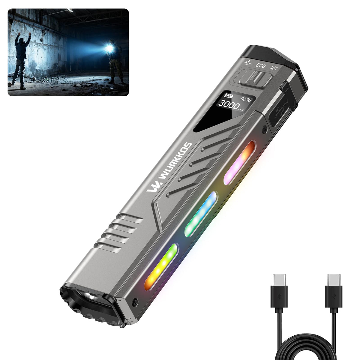 Wurkkos TD11 tactical flashlight with compact body and bright 3000 lumens for outdoor use.