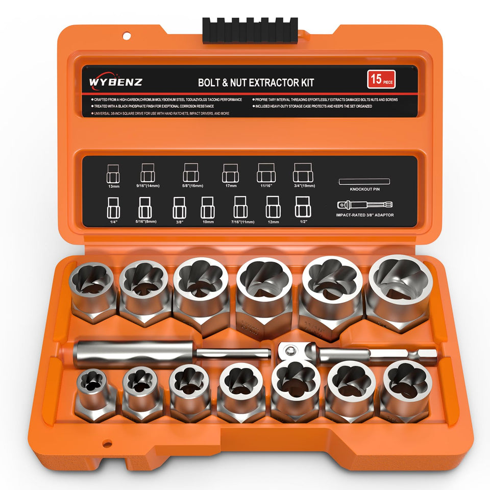 WYBENZ 15-piece bolt extractor set in case for easy storage and quick access.