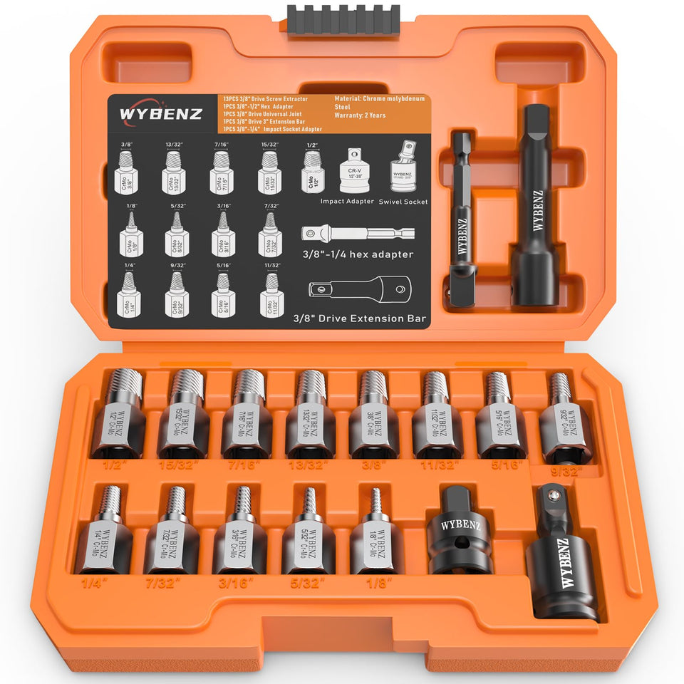 WYBENZ 17Pcs Screw Extractor Set kit with complete accessories for damaged fasteners.