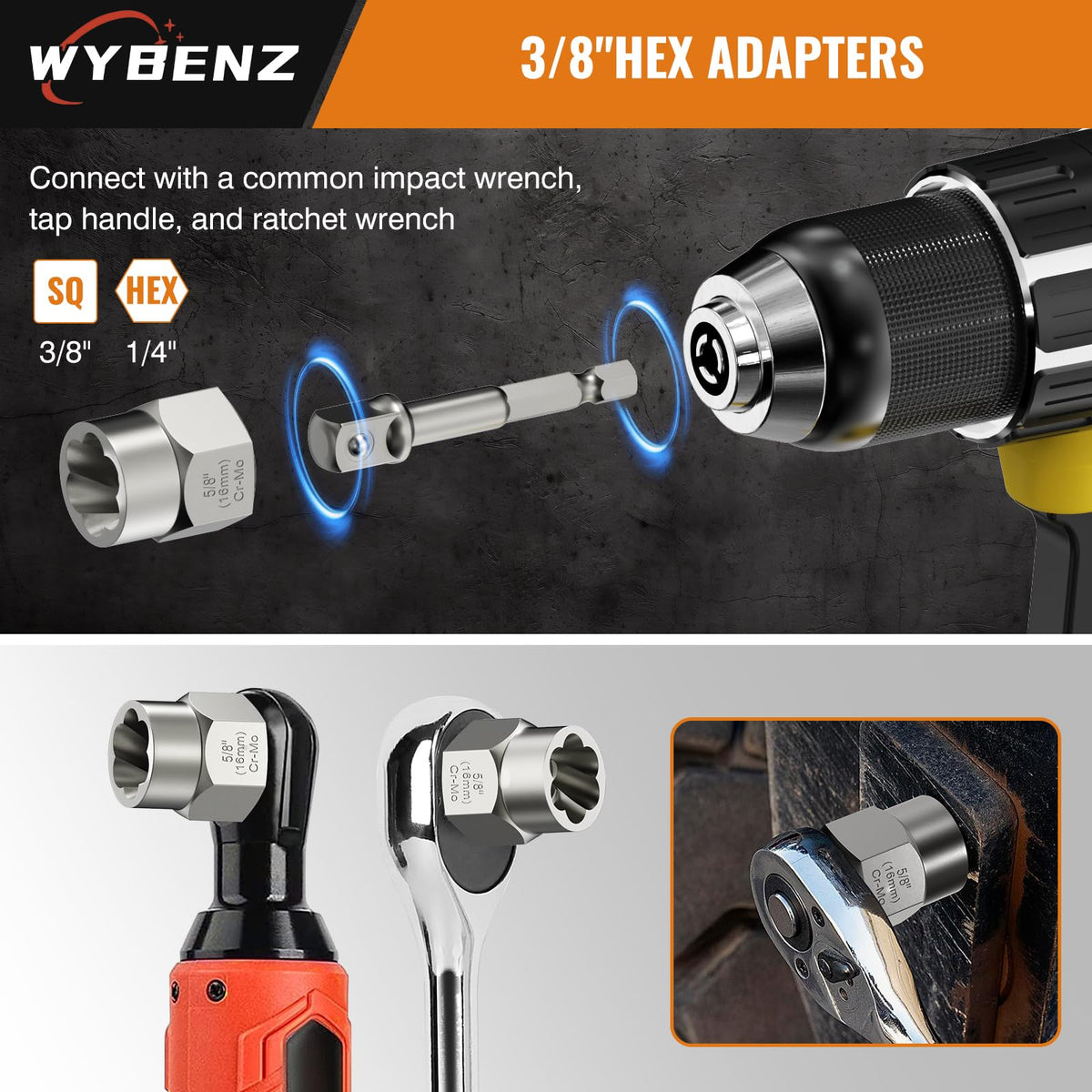 WYBENZ 3/8-drive bolt extractor adapter compatible with ratchets and impact wrenches.