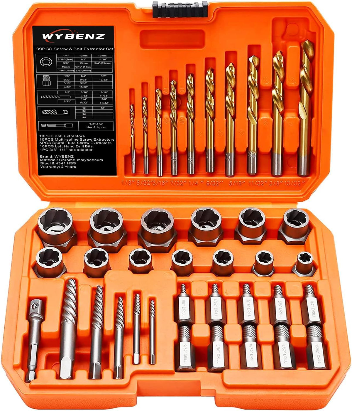 WYBENZ 39PCS screw and bolt extractor set for tough stripped fasteners.