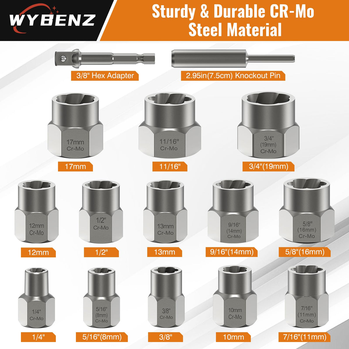 WYBENZ bolt extractor sockets layout showing complete kit readiness for tough removal jobs.
