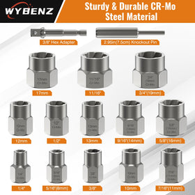 WYBENZ bolt extractor sockets layout showing complete kit readiness for tough removal jobs.