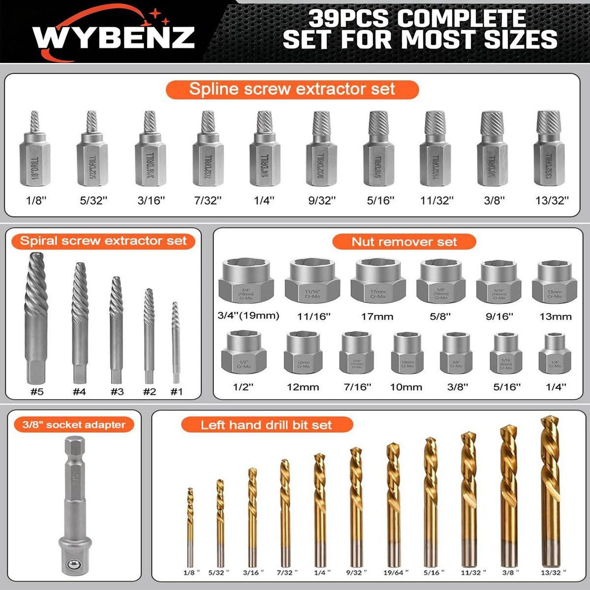 WYBENZ left-hand cobalt HSS drill bits deliver rust resistance and torque.