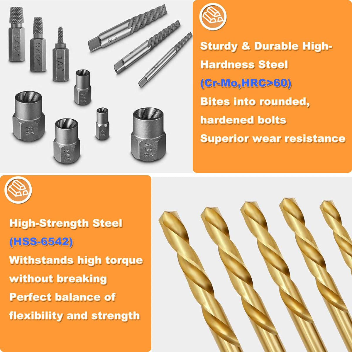 WYBENZ multi-spline screw extractors remove damaged screws efficiently.