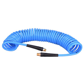 WYNNsky 25ft polyurethane coiled air hose ready for tire inflation and light garage tasks.