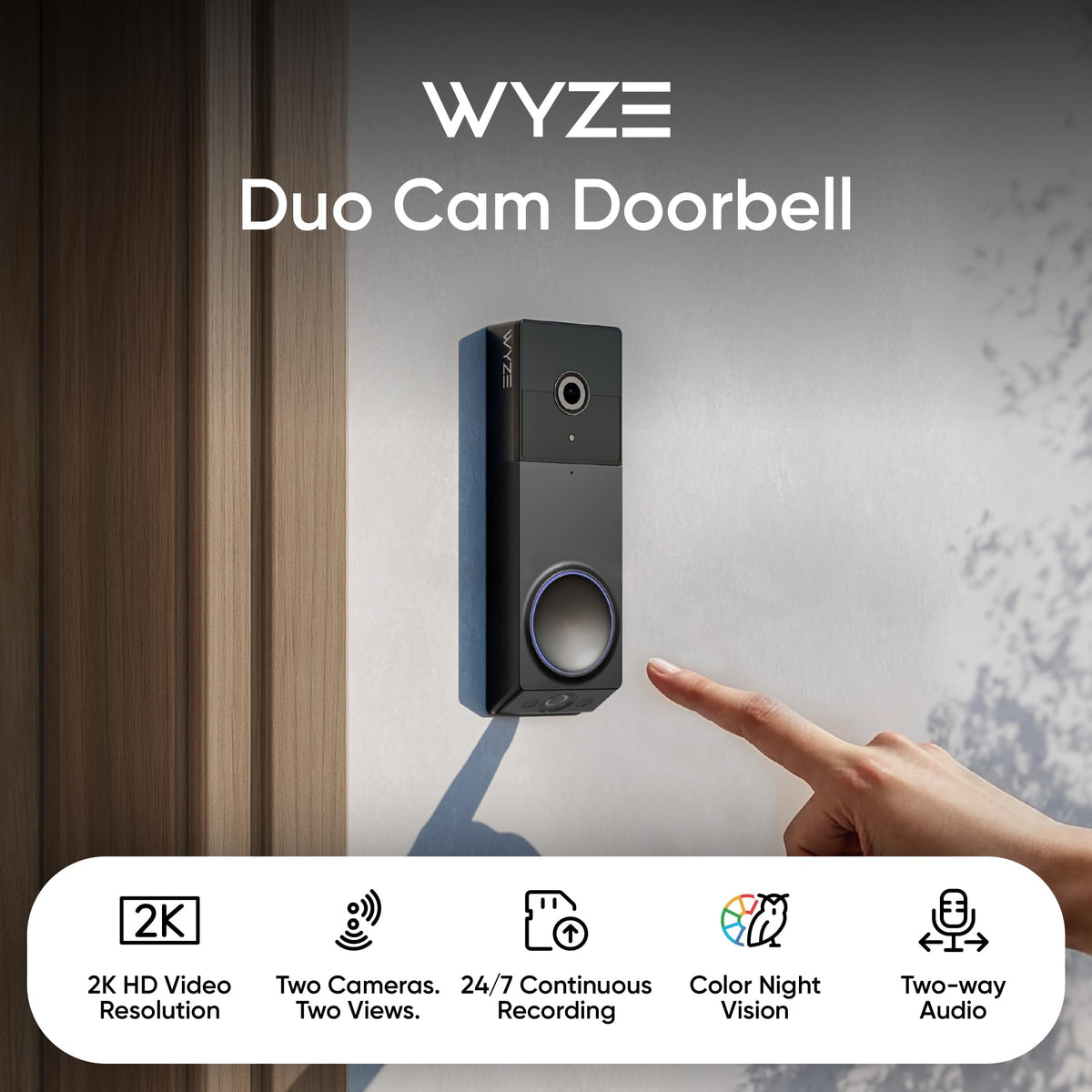 Wyze Duo Cam Door Bell package view highlights doorstep monitoring for deliveries