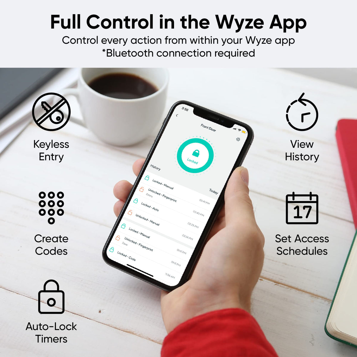 Wyze Lock Bolt app history shows who unlocked and when.