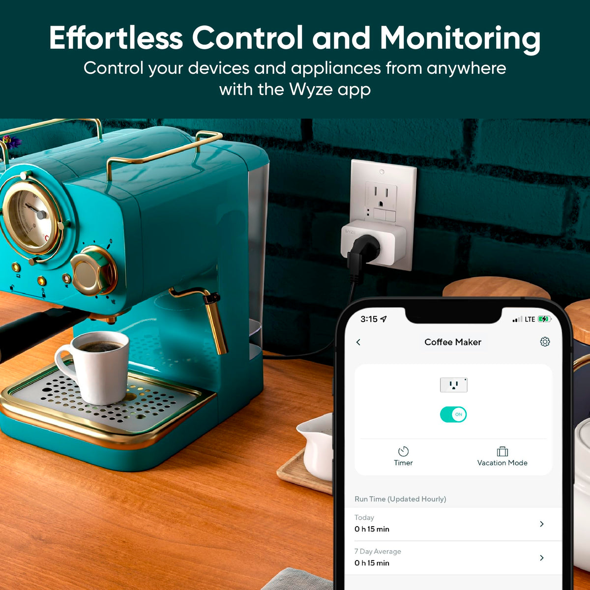 Wyze Plug shown with mobile app for remote on/off control.