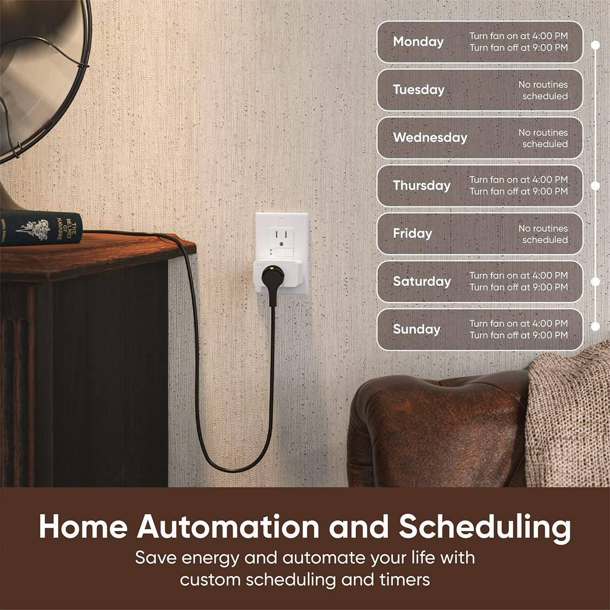 Wyze Plug scheduling to automate outlet power at set times.