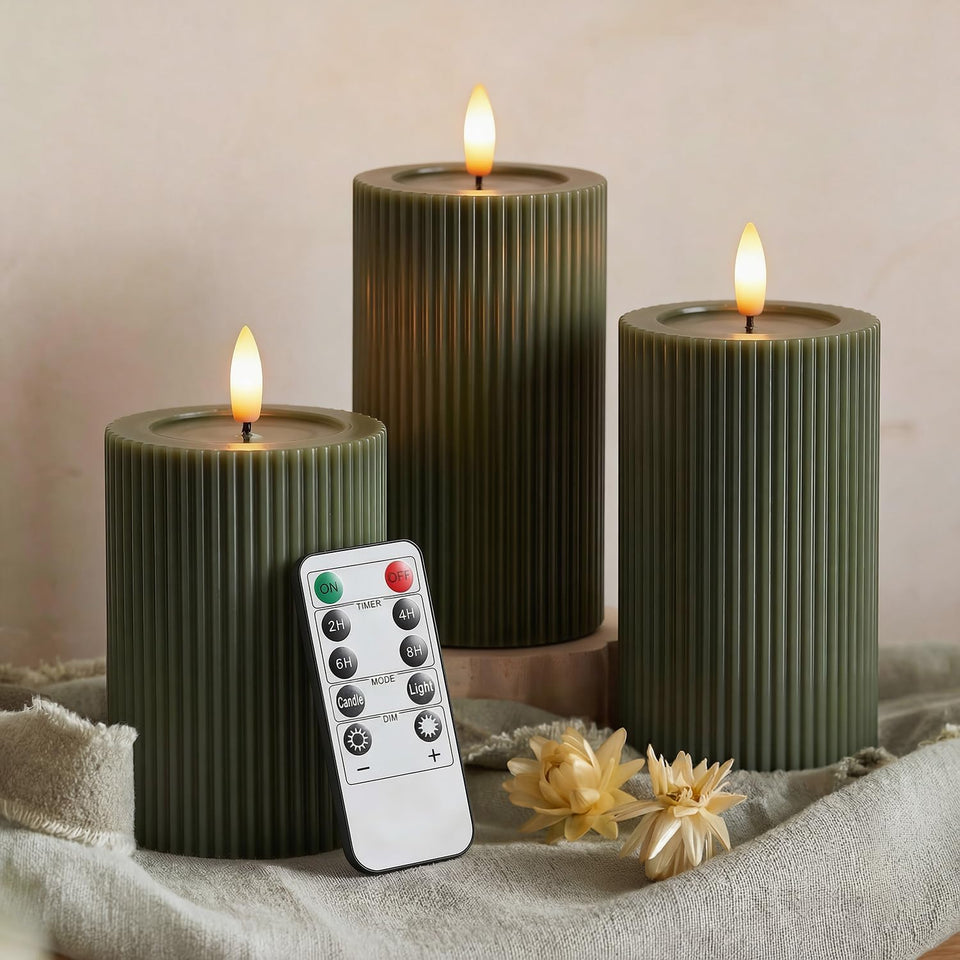 WYZworks fluted LED pillar candle 4-inch in Loden Green with safe glow