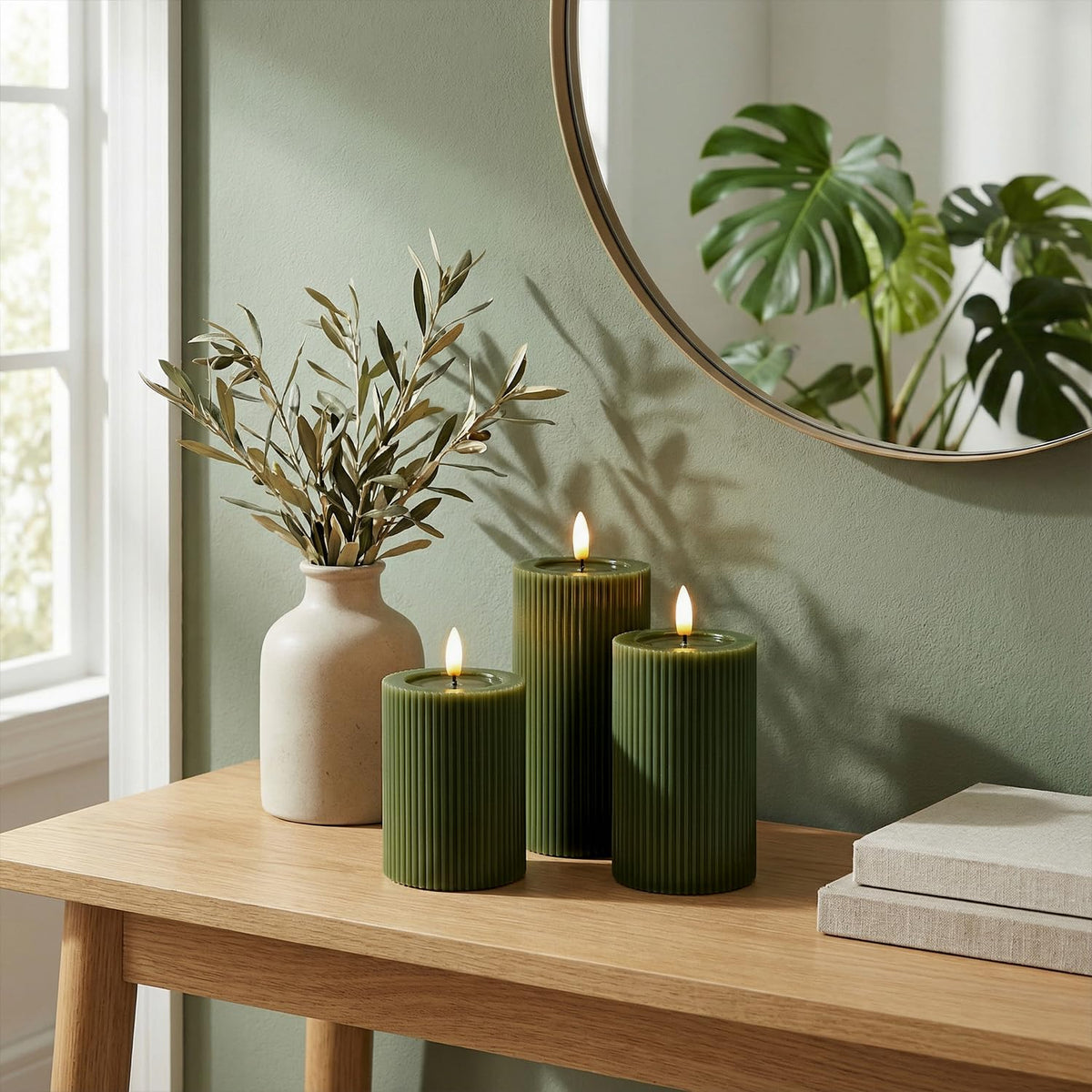 WYZworks fluted LED pillar candle 5-inch in Loden Green for centerpieces