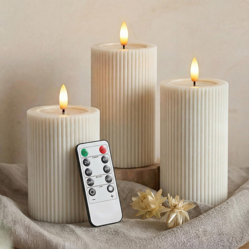 WYZworks fluted ribbed LED pillar candle 4in cream beige for safe ambient dining decor