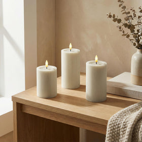 WYZworks fluted ribbed LED pillar candle 5in cream beige adds elegant centerpieces with warm light