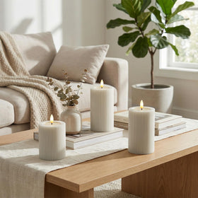 WYZworks fluted ribbed LED pillar candle 6in cream beige creates atmospheric wedding lighting
