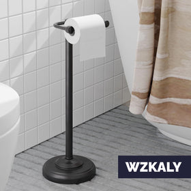 WZKALY free-standing toilet paper holder side view highlighting stable weighted base.