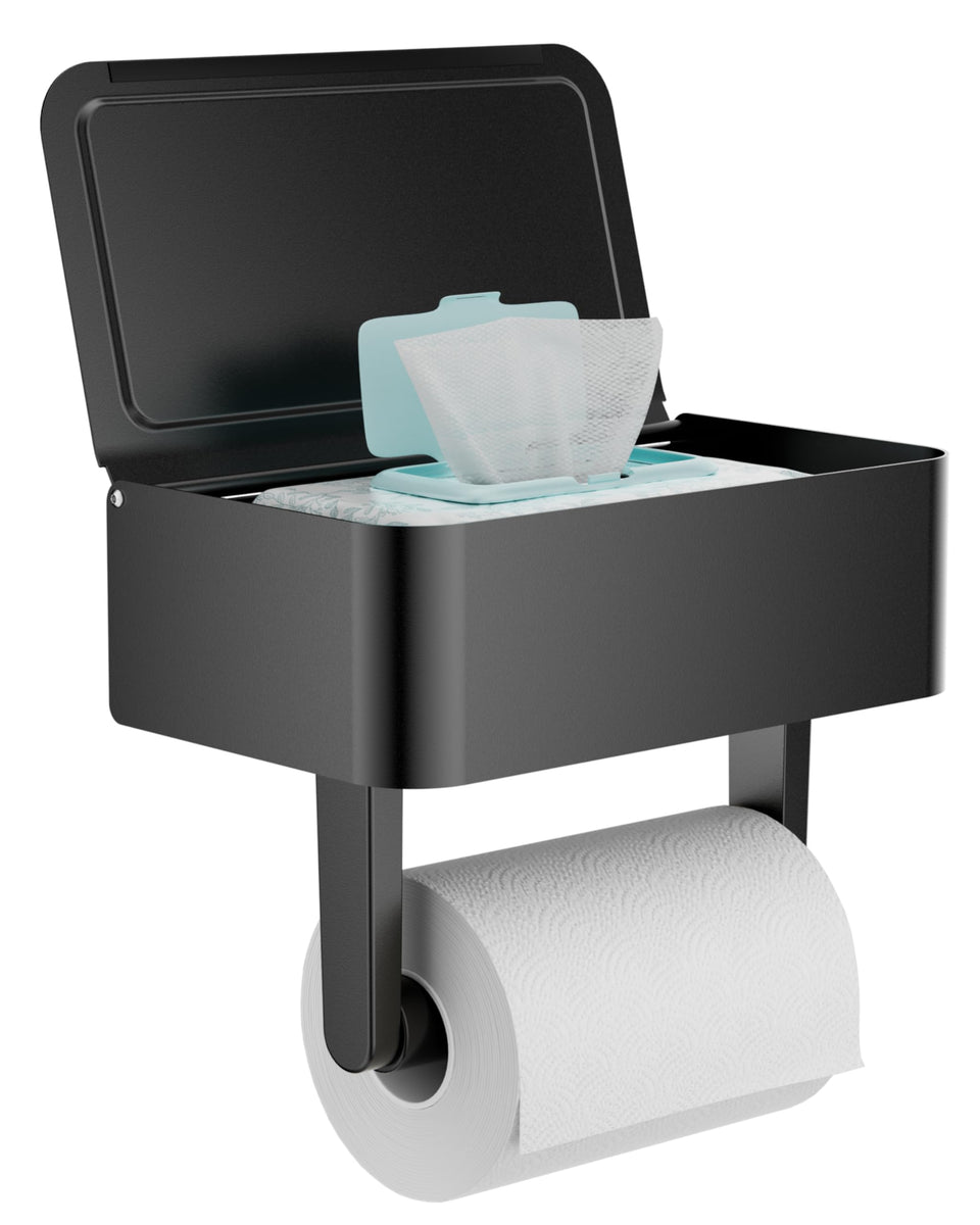WZKALY toilet paper holder with shelf in matte black for organized bathroom storage