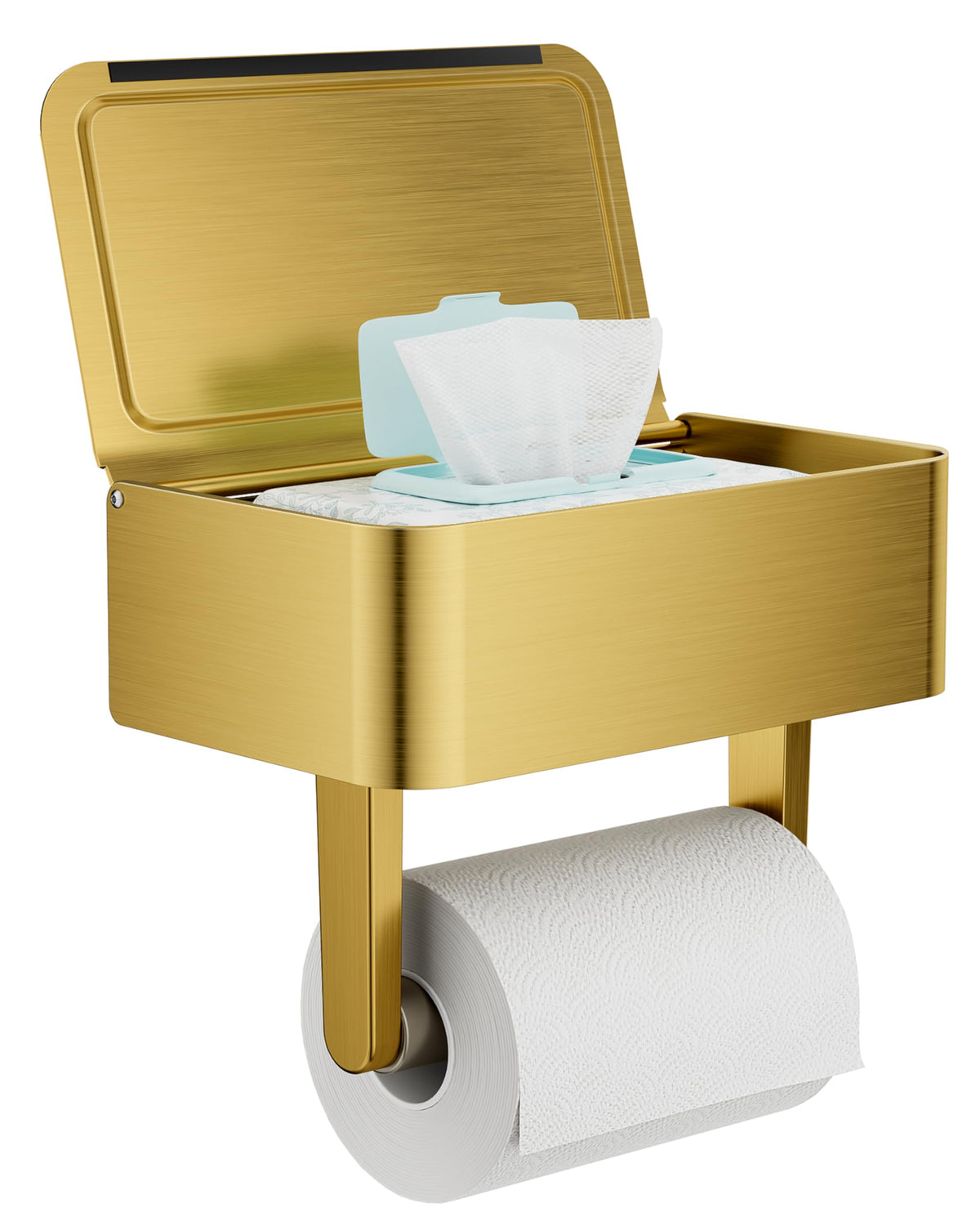 WZKALY toilet paper holder with shelf in brushed gold keeps essentials organized.