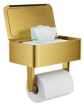 WZKALY toilet paper holder with shelf in brushed gold keeps essentials organized.