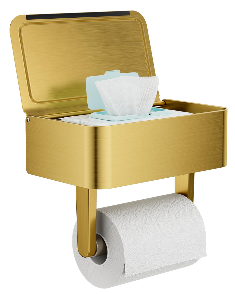 WZKALY toilet paper holder with shelf in brushed gold keeps essentials organized.
