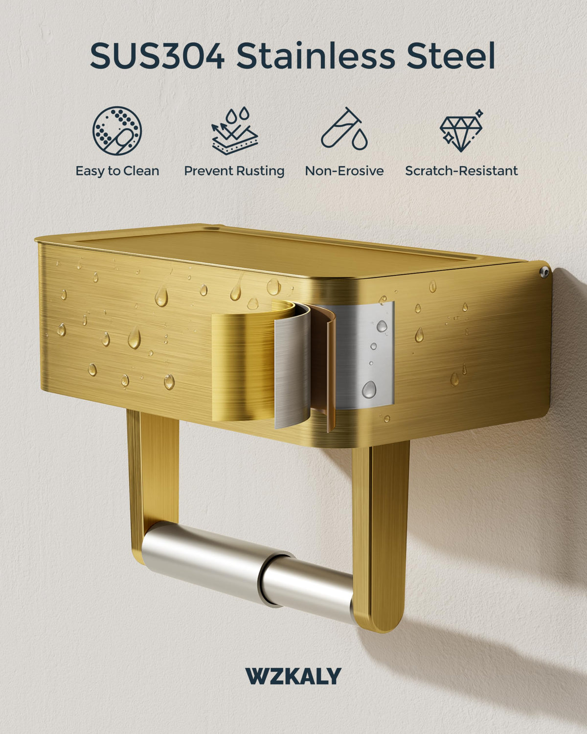 Wall-mounted WZKALY toilet paper holder in gold saves counter space.