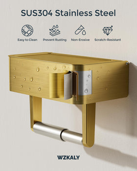 Wall-mounted WZKALY toilet paper holder in gold saves counter space.